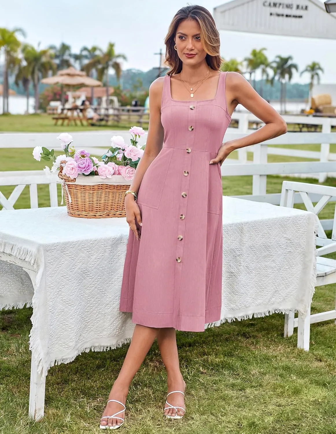 GRACE KARIN Women's Summer Dress 2025 Casual Square Neck Flattering A-Line Button Down Midi Tank Sundress with Pockets