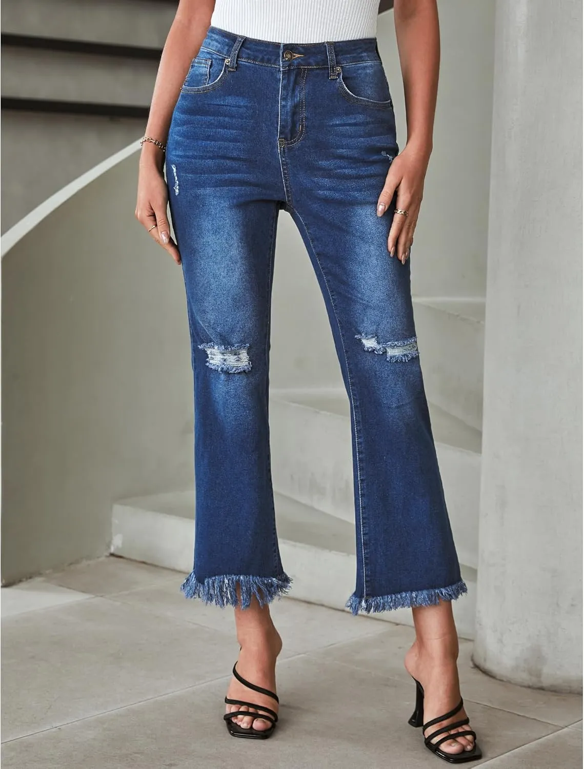 GRAPENT Flare Jeans for Women Trendy High Waisted Cropped Ripped Jeans Wide Leg Stretchy Denim Ankle Pants Raw Hem Jeans