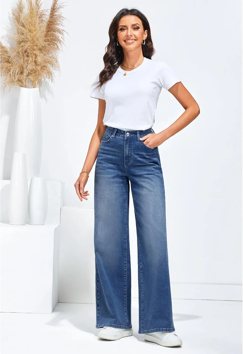 GRAPENT Wide Leg Jeans for Women Trendy High Waisted Stretchy Denim Pants 90s Baggy Jeans Trouser Jeans with Pockets