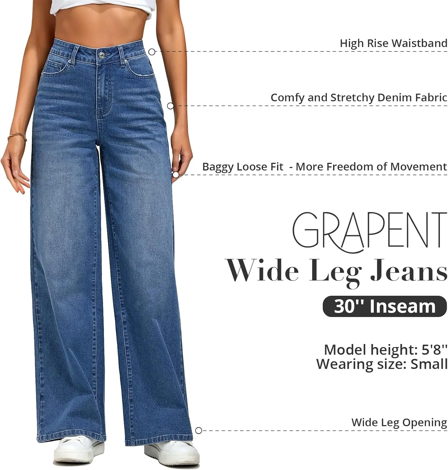 GRAPENT Wide Leg Jeans for Women Trendy High Waisted Stretchy Denim Pants 90s Baggy Jeans Trouser Jeans with Pockets
