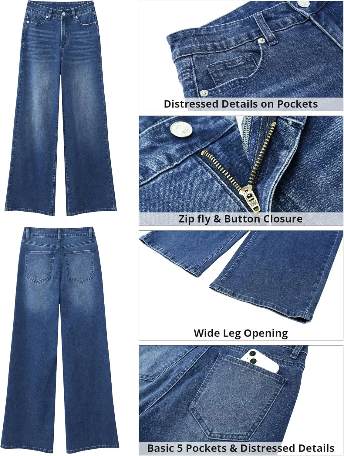 GRAPENT Wide Leg Jeans for Women Trendy High Waisted Stretchy Denim Pants 90s Baggy Jeans Trouser Jeans with Pockets