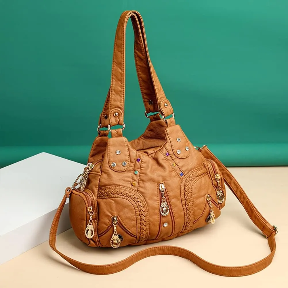 Handbag for Women Washed Leather Hobo Crossbody Purse Stylish Shoulder Satchels