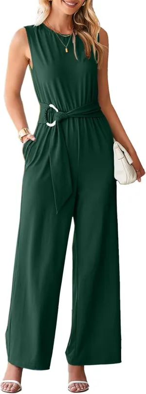 Happy Sailed Womens Jumpsuits Dressy Summer Sleeveless High Waist Belt Wide Leg Pants Romper Jumpsuit with Pockets