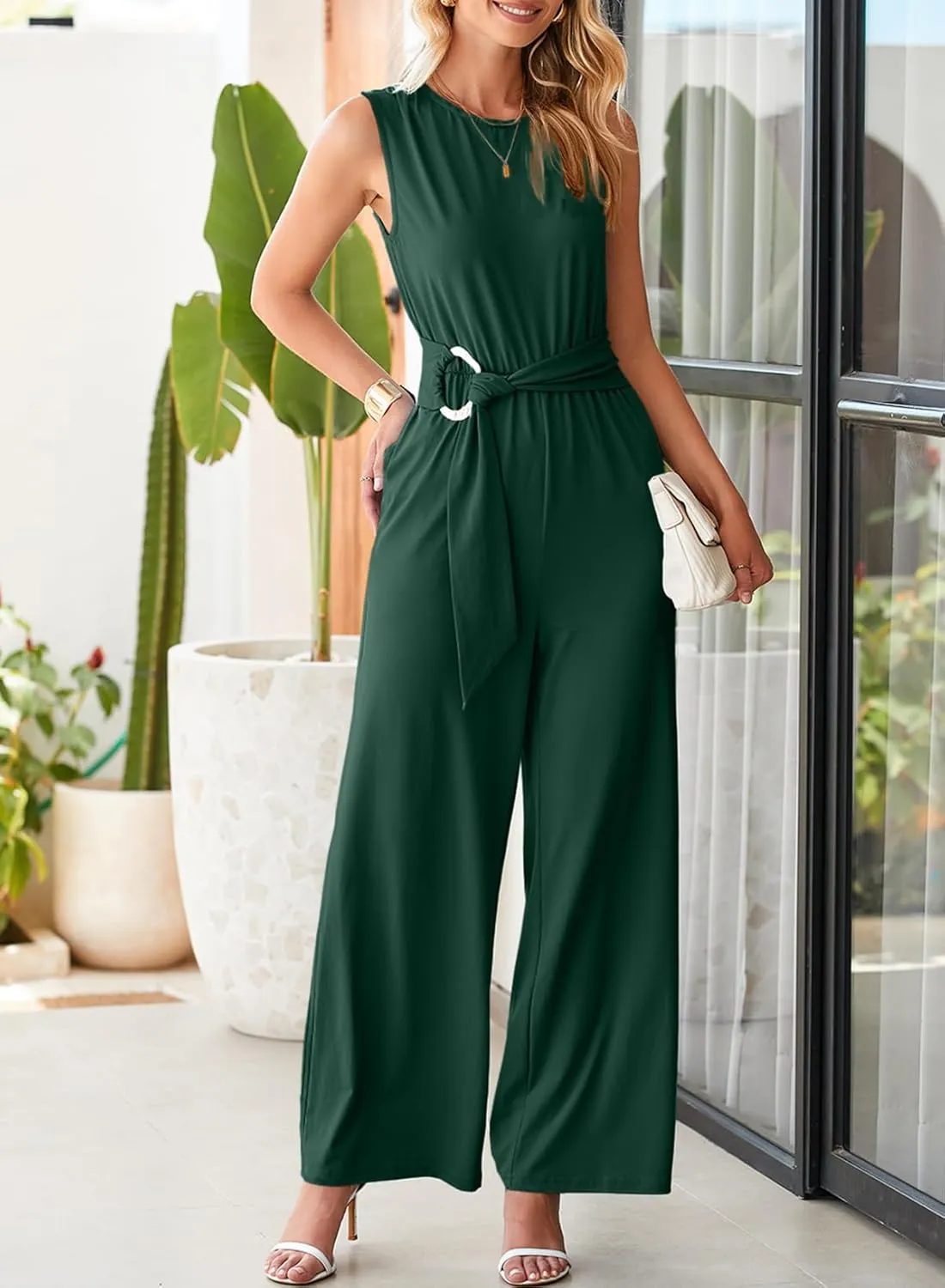 Happy Sailed Womens Jumpsuits Dressy Summer Sleeveless High Waist Belt Wide Leg Pants Romper Jumpsuit with Pockets