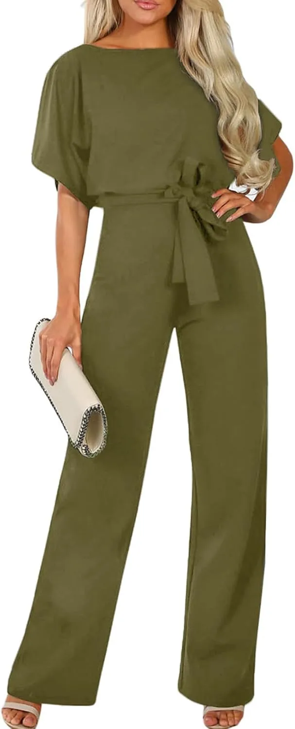 Happy Sailed Womens Loose Short Sleeve Belted Wide Leg Pant Romper Jumpsuit Business Casual One Piece Outfits