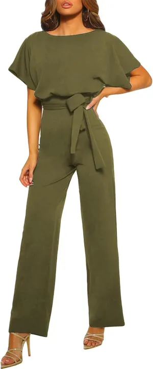 Happy Sailed Womens Loose Short Sleeve Belted Wide Leg Pant Romper Jumpsuit Business Casual One Piece Outfits