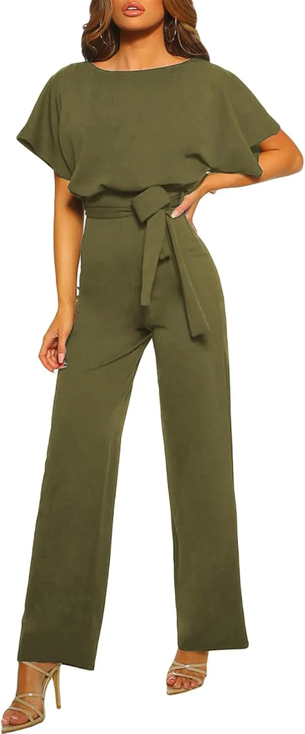 Happy Sailed Womens Loose Short Sleeve Belted Wide Leg Pant Romper Jumpsuit Business Casual One Piece Outfits