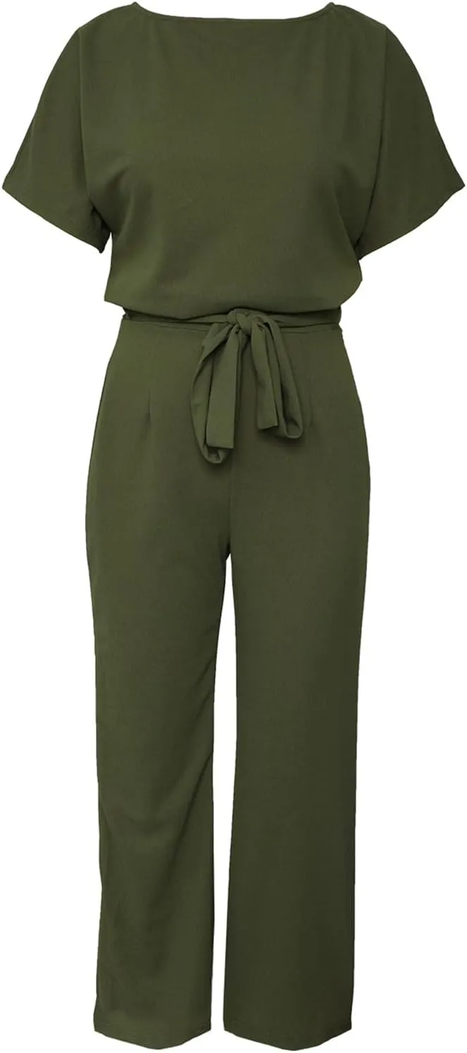 Happy Sailed Womens Loose Short Sleeve Belted Wide Leg Pant Romper Jumpsuit Business Casual One Piece Outfits