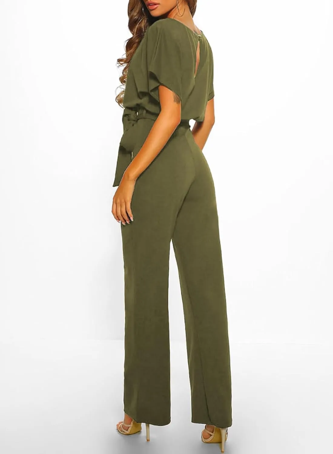 Happy Sailed Womens Loose Short Sleeve Belted Wide Leg Pant Romper Jumpsuit Business Casual One Piece Outfits