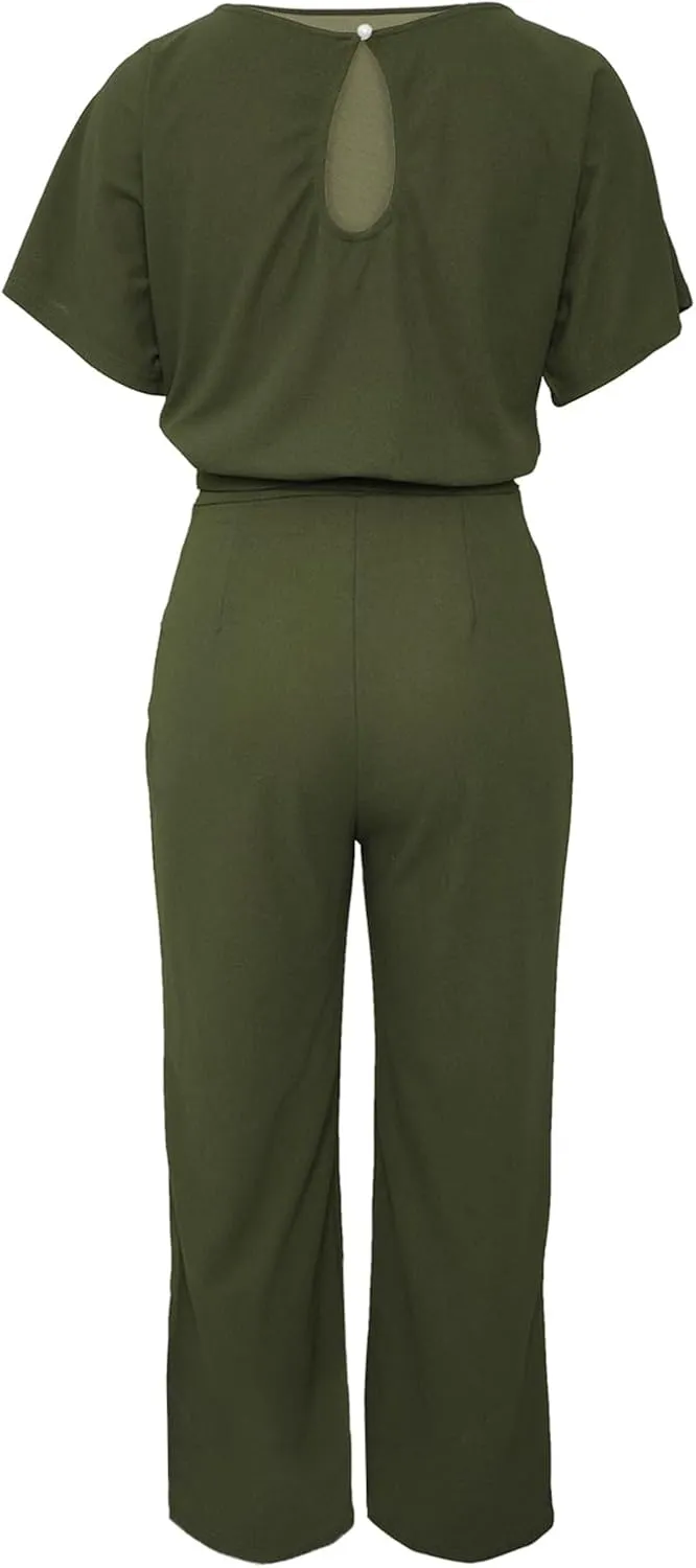 Happy Sailed Womens Loose Short Sleeve Belted Wide Leg Pant Romper Jumpsuit Business Casual One Piece Outfits