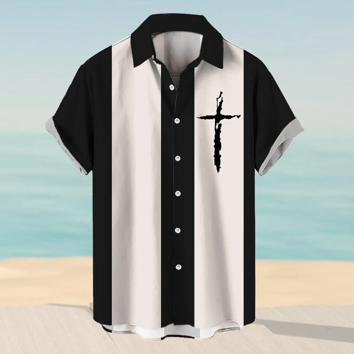 Hawaiian Shirt for Men Summer Stylish Color Block Striped Tropical Shirts Short Sleeve Button Down Beach Vacation Top