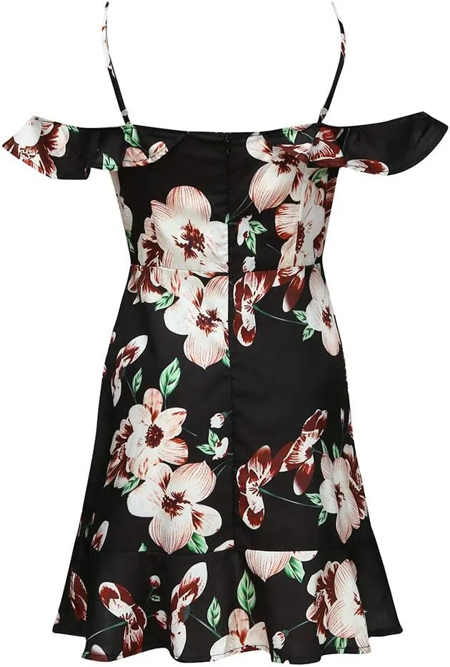 HHmei Women Ladies Camisole Cascading Ruffle Off Shoulder V-Neck Print Mini Dress