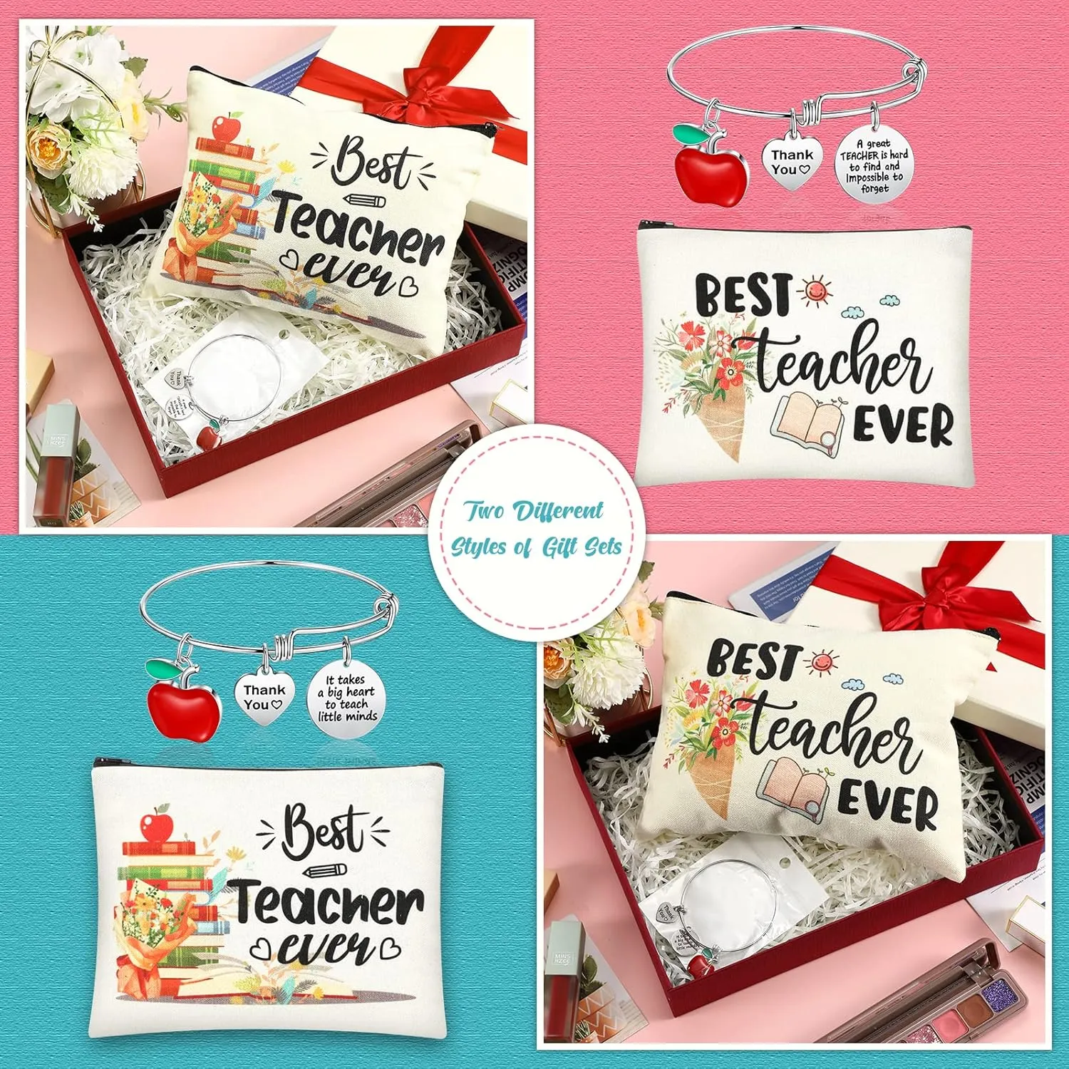 Highergo 16 Pcs Teacher Appreciation Gift Set for Women, 8 Makeup Pouch Cosmetic Bags and 8 Bangle Bracelets, Valentine's Day Graduation Teachers Day Thank You Gifts(Round Style)