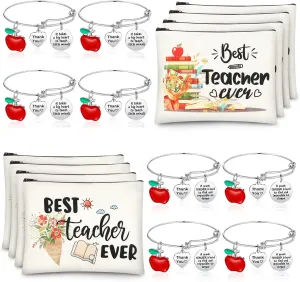 Highergo 16 Pcs Teacher Appreciation Gift Set for Women, 8 Makeup Pouch Cosmetic Bags and 8 Bangle Bracelets, Valentine's Day Graduation Teachers Day Thank You Gifts(Round Style)