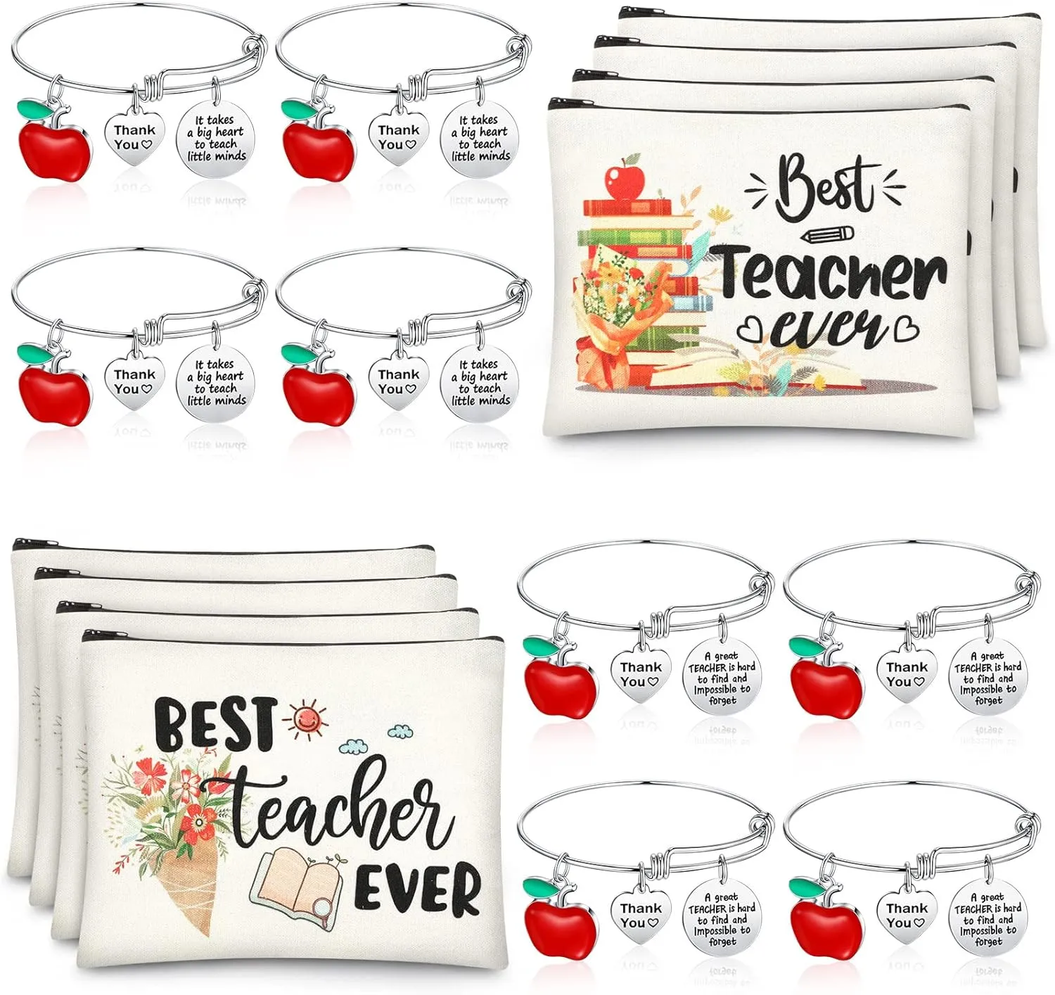 Highergo 16 Pcs Teacher Appreciation Gift Set for Women, 8 Makeup Pouch Cosmetic Bags and 8 Bangle Bracelets, Valentine's Day Graduation Teachers Day Thank You Gifts(Round Style)