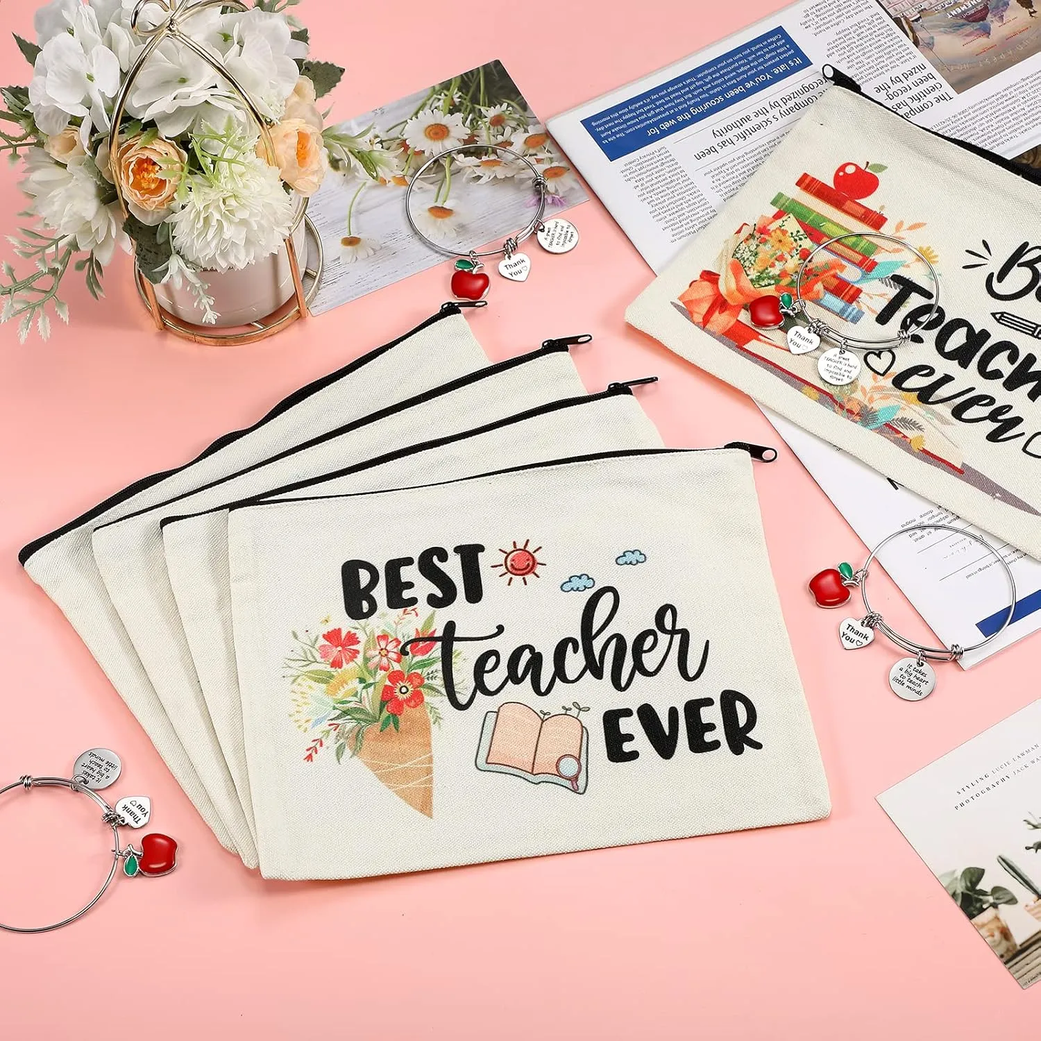 Highergo 16 Pcs Teacher Appreciation Gift Set for Women, 8 Makeup Pouch Cosmetic Bags and 8 Bangle Bracelets, Valentine's Day Graduation Teachers Day Thank You Gifts(Round Style)