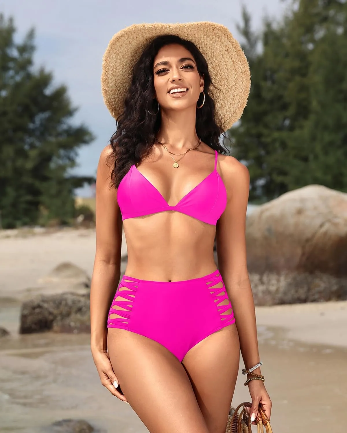 Holipick Women High Waisted Bikini Bottoms Tummy Control Swimsuit Bottoms Strappy Swim Bottom