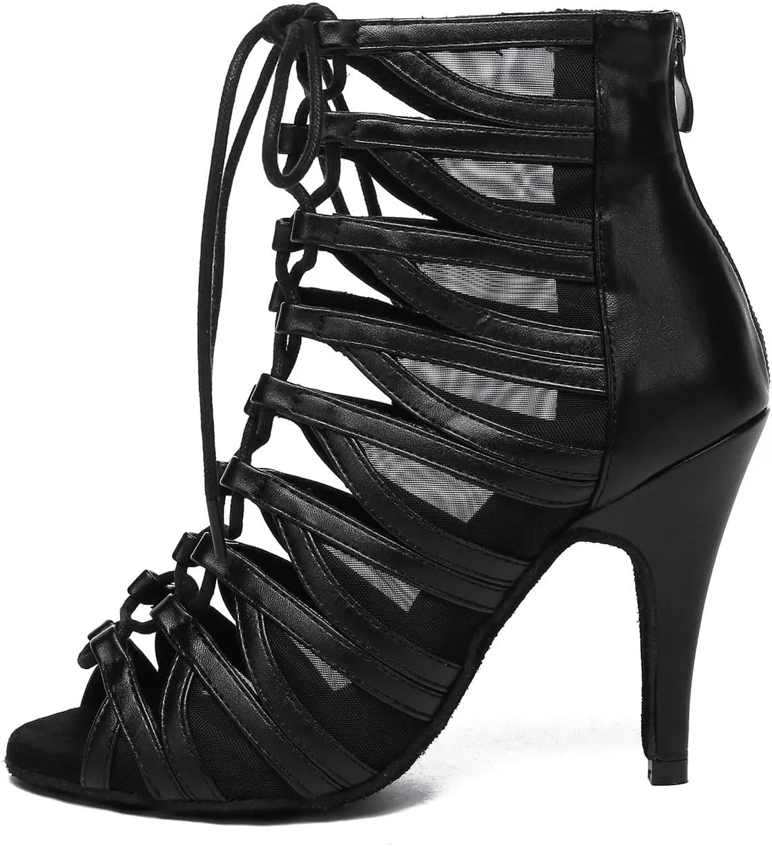 HROYL Women's Ballroom Dance Boots Lace-up Peep Toe Latin Salsa Dance Shoes Mesh Ankle Booties High Heel Sandals,Model YCL590