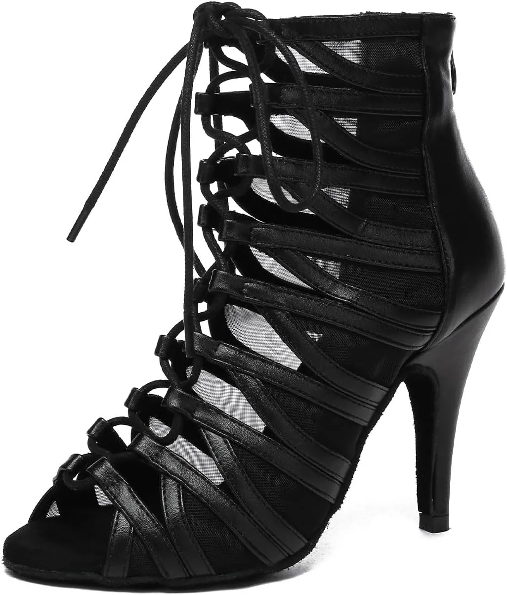 HROYL Women's Ballroom Dance Boots Lace-up Peep Toe Latin Salsa Dance Shoes Mesh Ankle Booties High Heel Sandals,Model YCL590