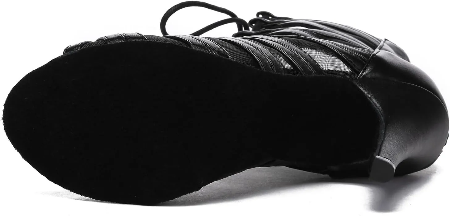 HROYL Women's Ballroom Dance Boots Lace-up Peep Toe Latin Salsa Dance Shoes Mesh Ankle Booties High Heel Sandals,Model YCL590
