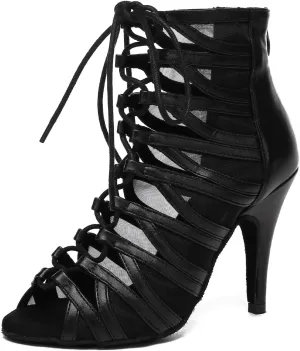 HROYL Women's Ballroom Dance Boots Lace-up Peep Toe Latin Salsa Dance Shoes Mesh Ankle Booties High Heel Sandals,Model YCL590