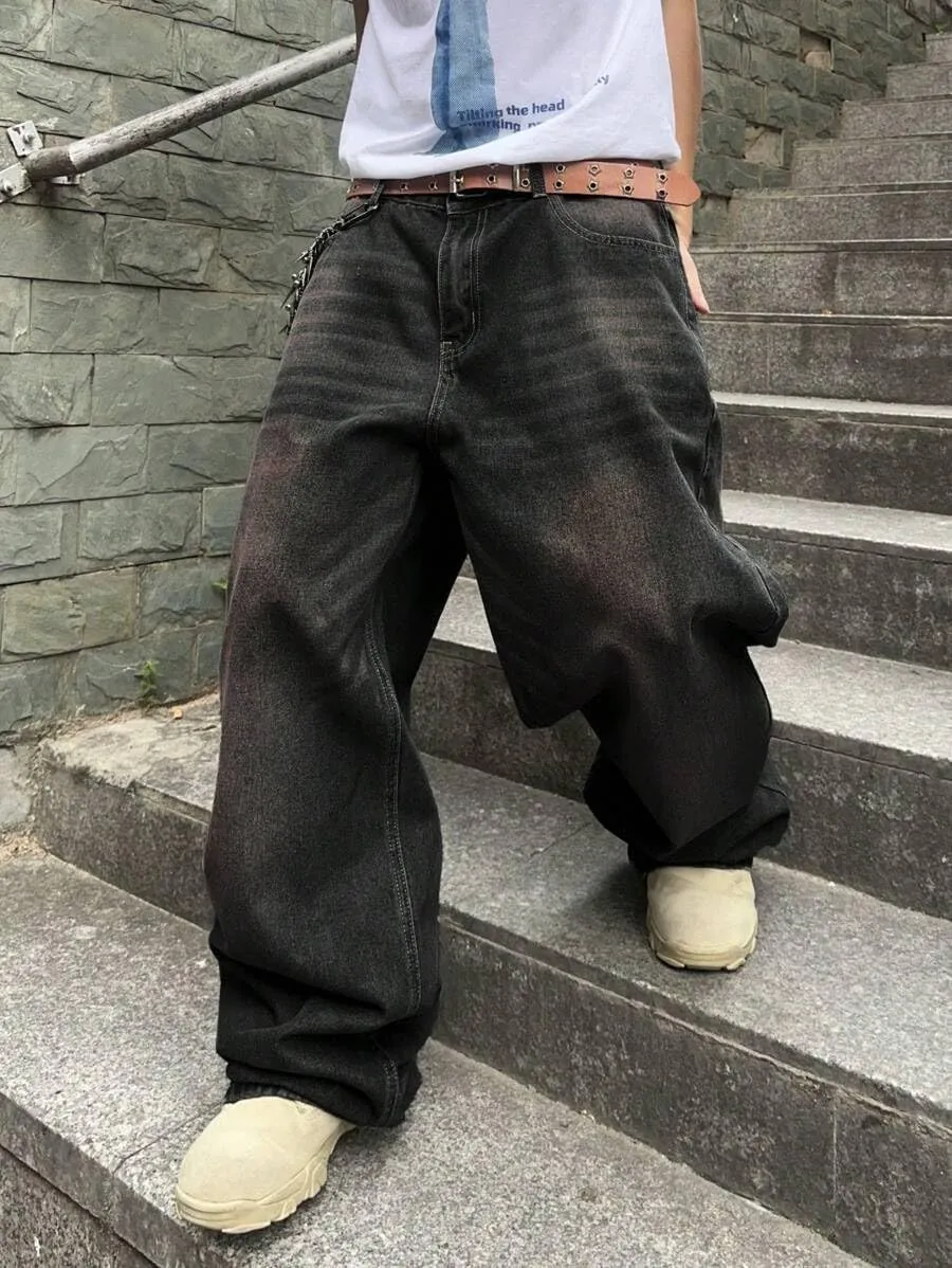 HUNGSON Mens Baggy Jeans for Men Women Y2k Skater Vintage Plain Pants Casual Wide Leg Jeans Loose Fit Denim Jeans