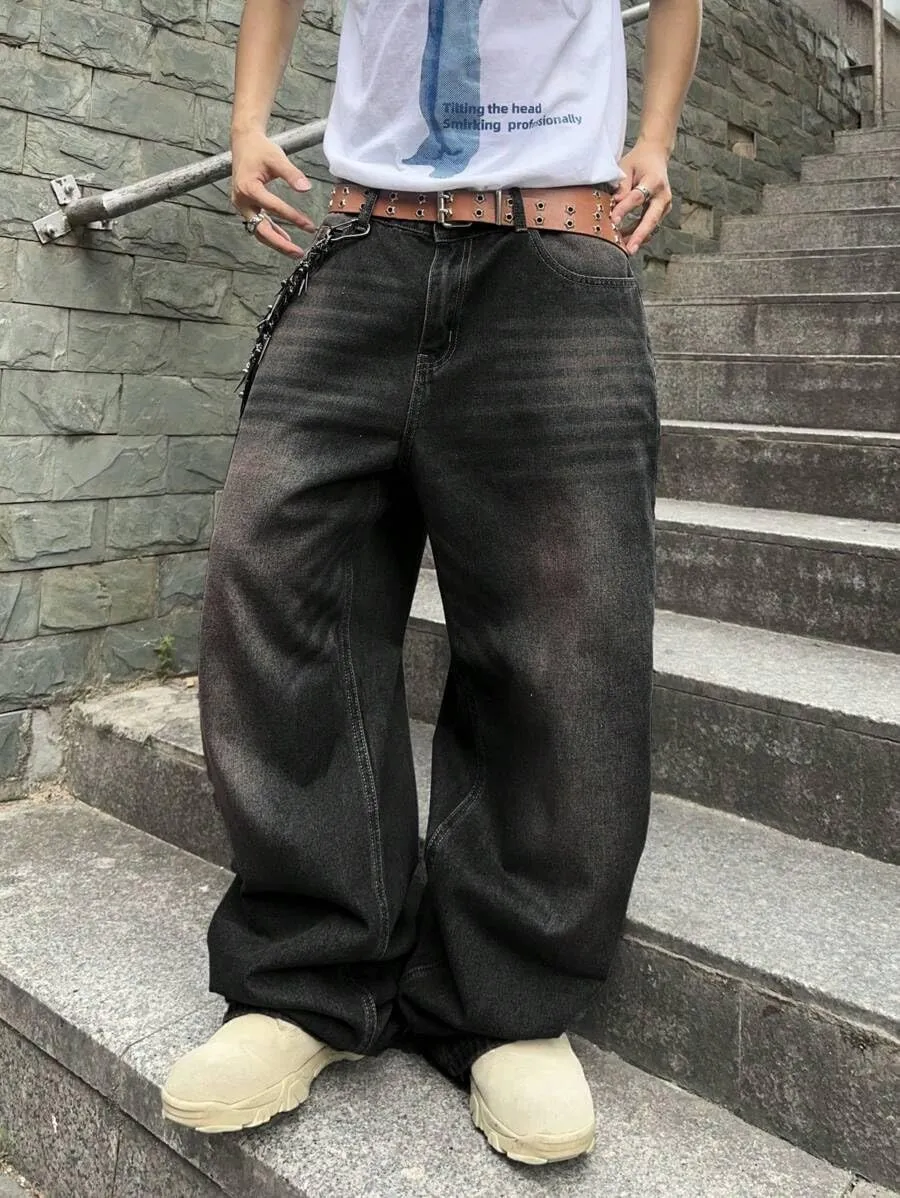 HUNGSON Mens Baggy Jeans for Men Women Y2k Skater Vintage Plain Pants Casual Wide Leg Jeans Loose Fit Denim Jeans