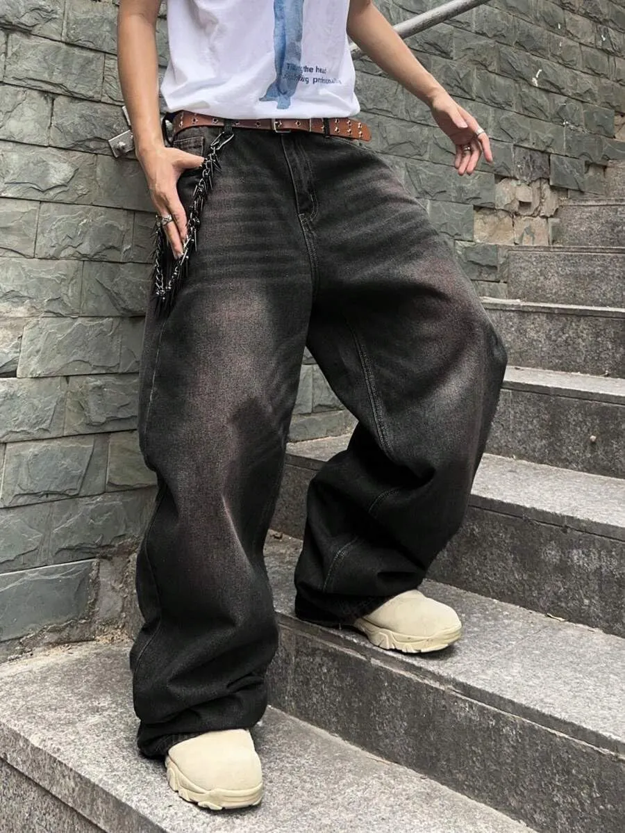 HUNGSON Mens Baggy Jeans for Men Women Y2k Skater Vintage Plain Pants Casual Wide Leg Jeans Loose Fit Denim Jeans
