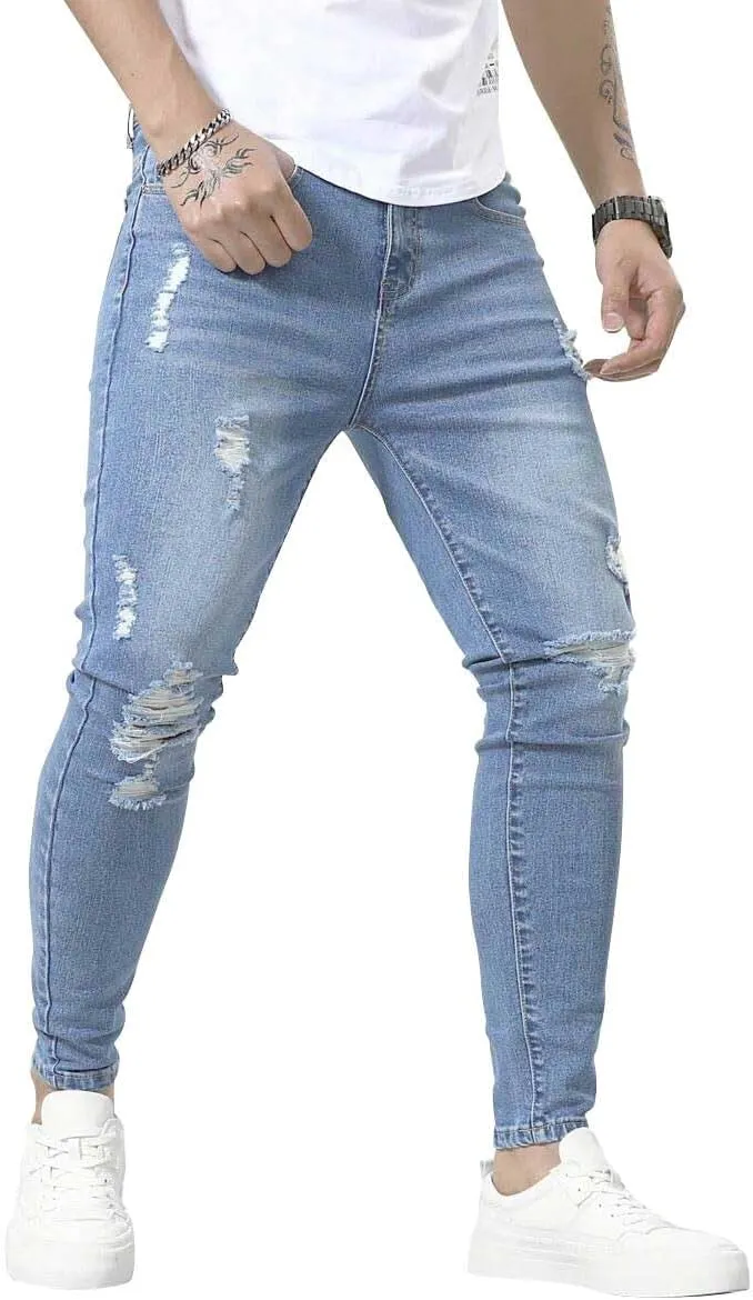 HUNGSON Men's Ripped Skinny Jeans Stretchy Slim Fit Jeans Pants for Men