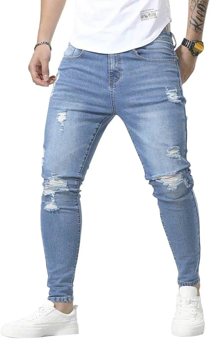 HUNGSON Men's Ripped Skinny Jeans Stretchy Slim Fit Jeans Pants for Men