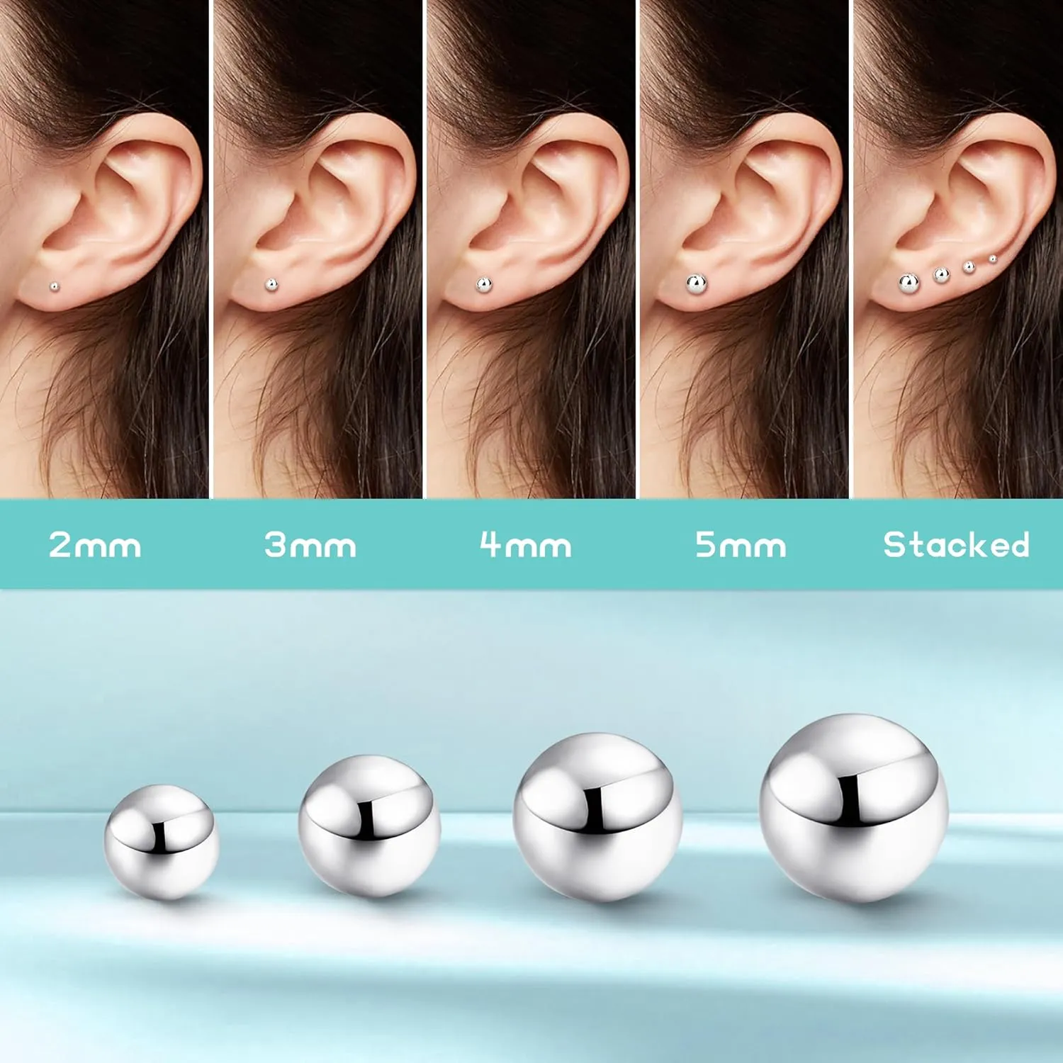 Hypoallergenic Flat Back Earrings for Women - 925 Sterling Silver Earrings for Sensitive Ears - Cartilage Earring Helix Conch Tragus Piercing Flatback Cubic Zirconia Earring Set Studs Men 2/3/4/5mm