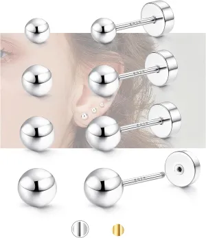 Hypoallergenic Flat Back Earrings for Women - 925 Sterling Silver Earrings for Sensitive Ears - Cartilage Earring Helix Conch Tragus Piercing Flatback Cubic Zirconia Earring Set Studs Men 2/3/4/5mm