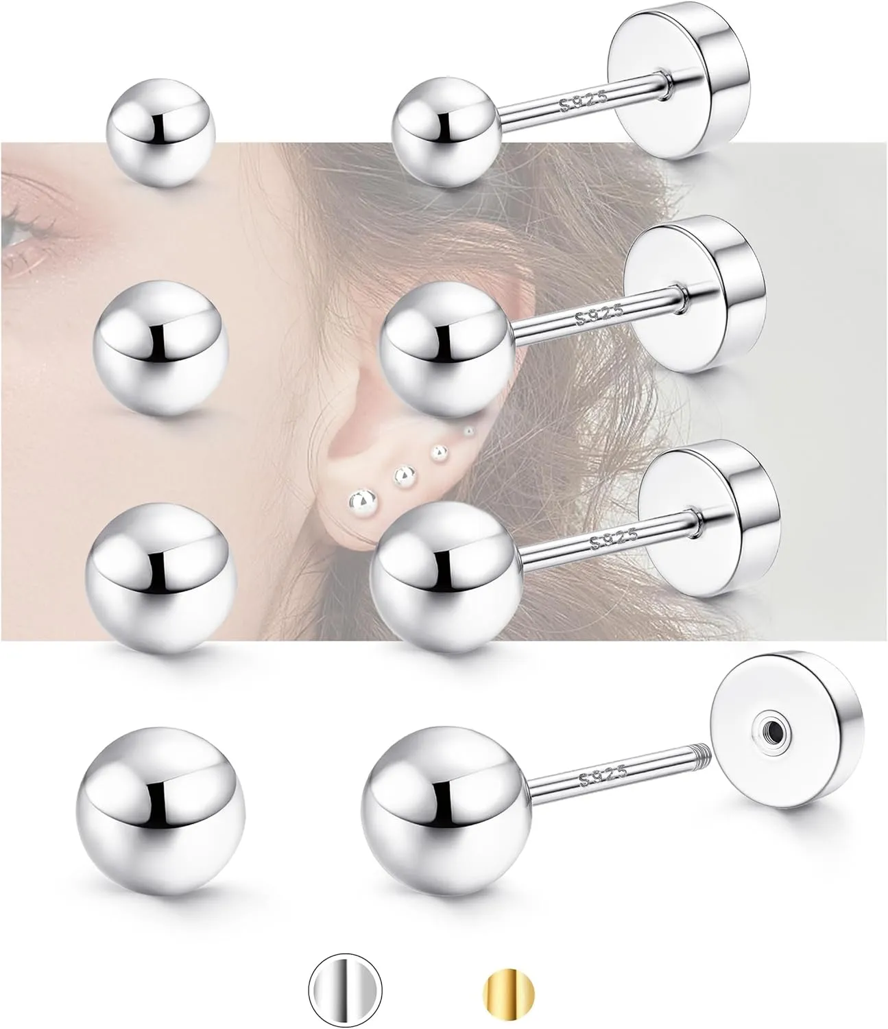 Hypoallergenic Flat Back Earrings for Women - 925 Sterling Silver Earrings for Sensitive Ears - Cartilage Earring Helix Conch Tragus Piercing Flatback Cubic Zirconia Earring Set Studs Men 2/3/4/5mm