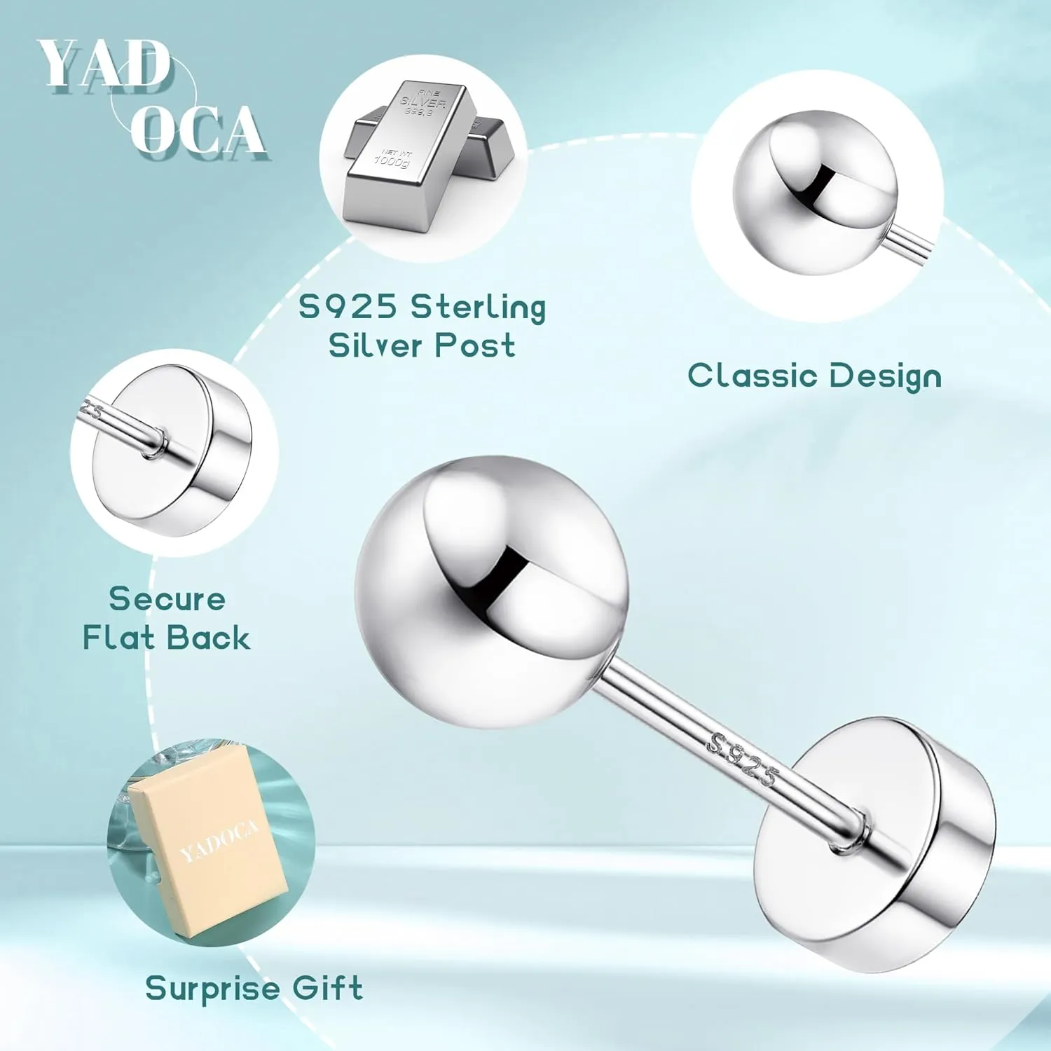 Hypoallergenic Flat Back Earrings for Women - 925 Sterling Silver Earrings for Sensitive Ears - Cartilage Earring Helix Conch Tragus Piercing Flatback Cubic Zirconia Earring Set Studs Men 2/3/4/5mm