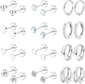 Hypoallergenic Flat Back Earrings for Women Surgical Steel Earrings for Sensitive Ears 20G Stainless Steel Earring Stacks Small Flatback Stud Hoop Cartilage Earring Set for Multiple Piercing Jewelry