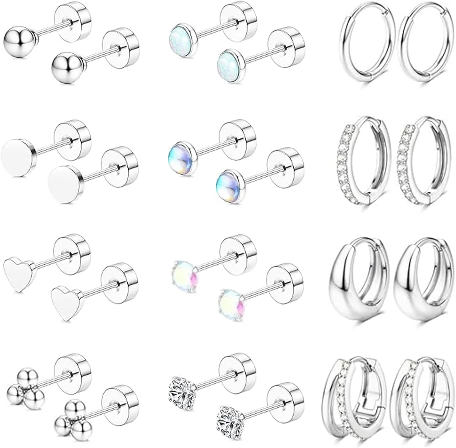 Hypoallergenic Flat Back Earrings for Women Surgical Steel Earrings for Sensitive Ears 20G Stainless Steel Earring Stacks Small Flatback Stud Hoop Cartilage Earring Set for Multiple Piercing Jewelry