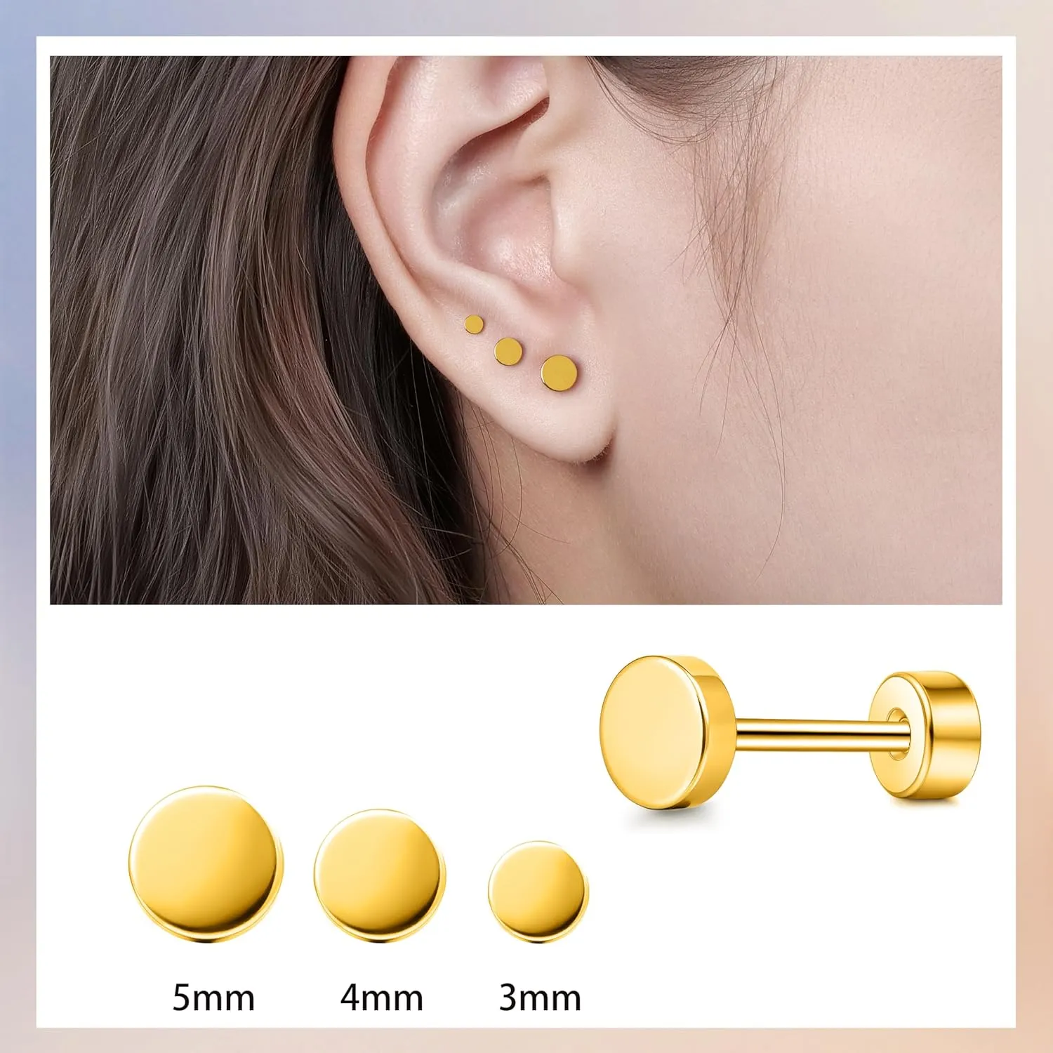 Hypoallergenic Titanium Screw Back Flat Back Dot Stud Earrings 3mm-5mm Simple Classic Helix Tragus Cartilage Earlobe Stud Earrings for Women Men