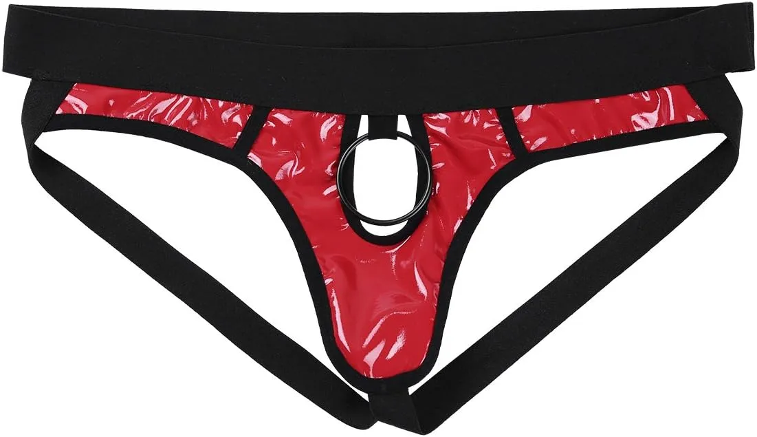 iEFiEL Mens Faux Leather Bikini Briefs Jockstrap Underwear Underpants with Penis Hole O-Rings