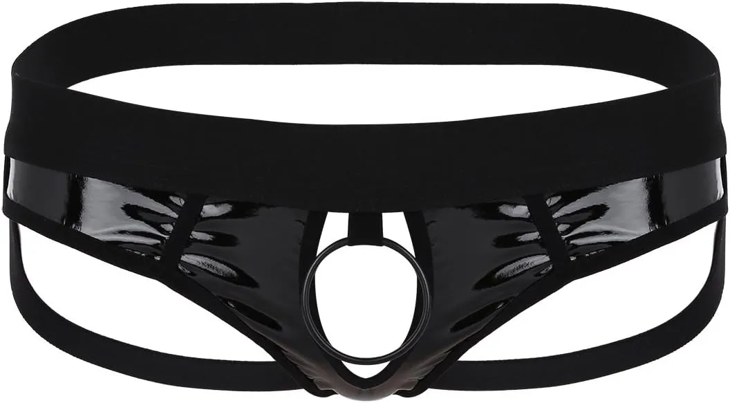 iEFiEL Mens Faux Leather Bikini Briefs Jockstrap Underwear Underpants with Penis Hole O-Rings