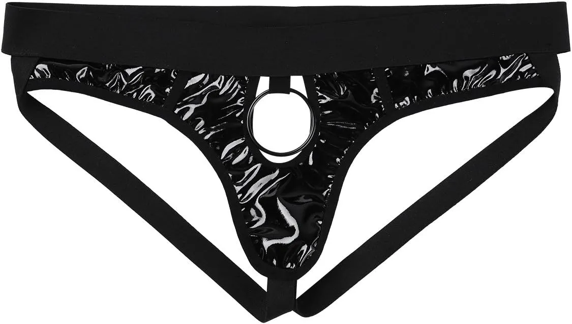 iEFiEL Mens Faux Leather Bikini Briefs Jockstrap Underwear Underpants with Penis Hole O-Rings