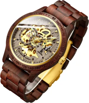IK COLOURING Men's Watches Luxury Mechanical Wooden Case Skeleton Lumious Automatic Self-Winding Lightweight Genuine Leather Bracelet/Wood Band Wrist Watch