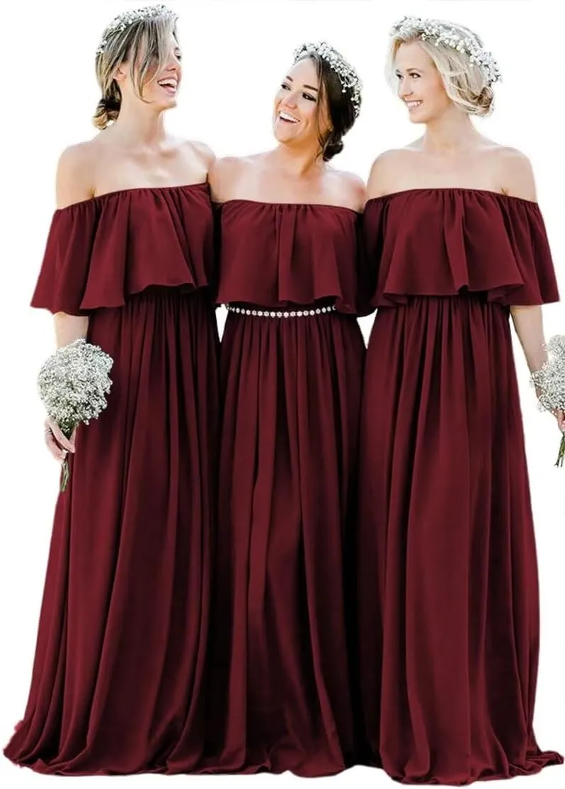 IKMNN Off Shoulder Bridesmaid Dresses for Women Pleated Long Formal Dress IK008