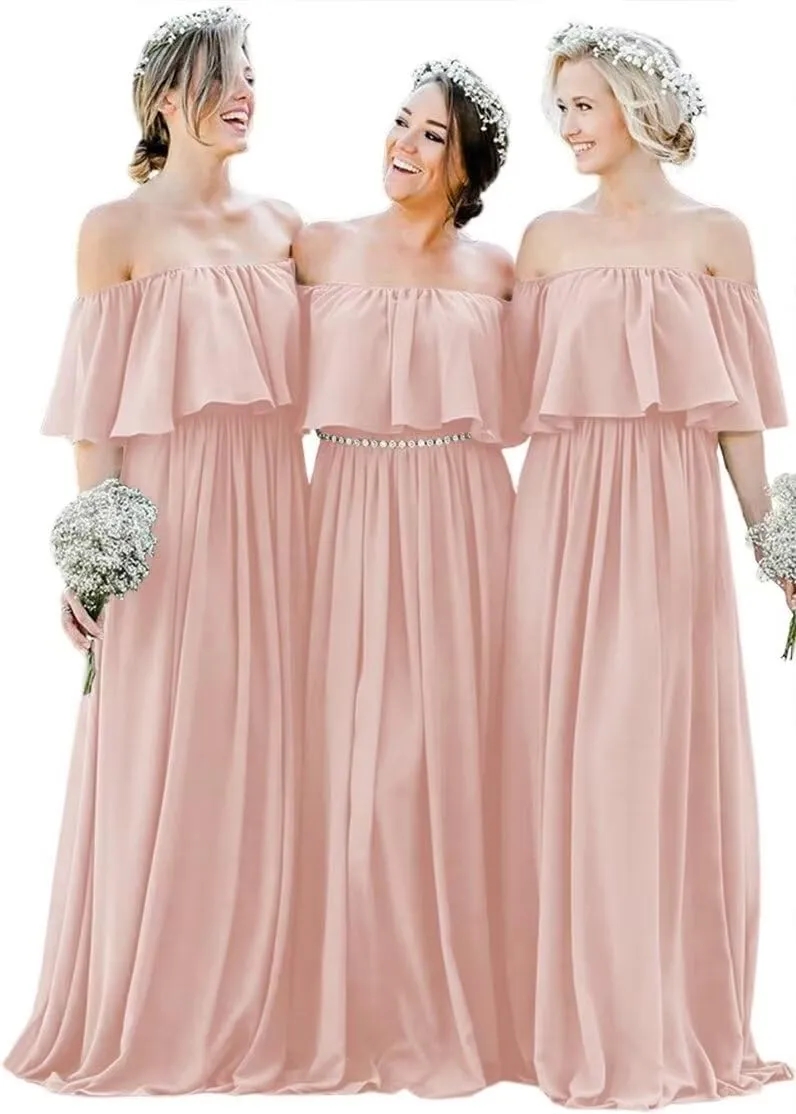 IKMNN Off Shoulder Bridesmaid Dresses for Women Pleated Long Formal Dress IK008