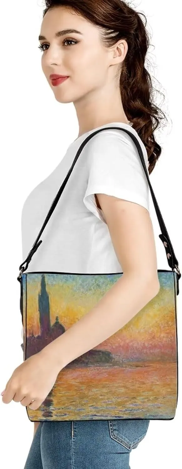 Impression Artwork Buckets Satchel Bags for Women, Painting PU Leather Crossbody Hobo Purses Tote Work Top Handle