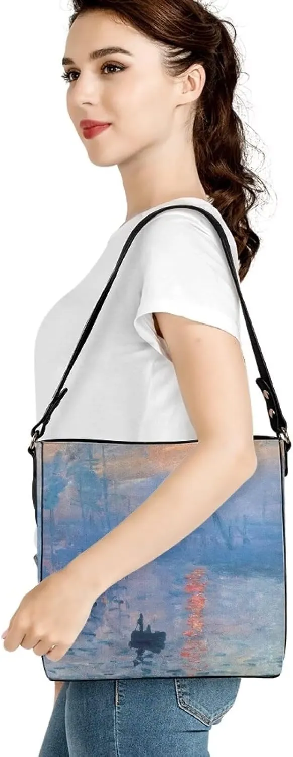 Impression Artwork Buckets Satchel Bags for Women, Painting PU Leather Crossbody Hobo Purses Tote Work Top Handle