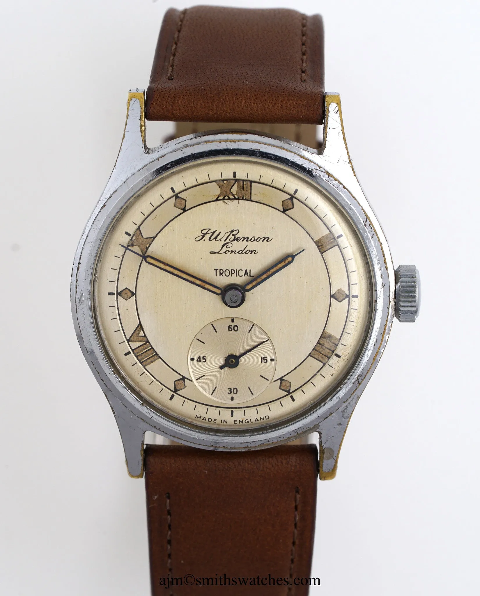 J W BENSON LONDON SMITHS MADE IN ENGLAND ROMAN NUMERAL DIAL DENNISON AQUATITE CASE C 1953