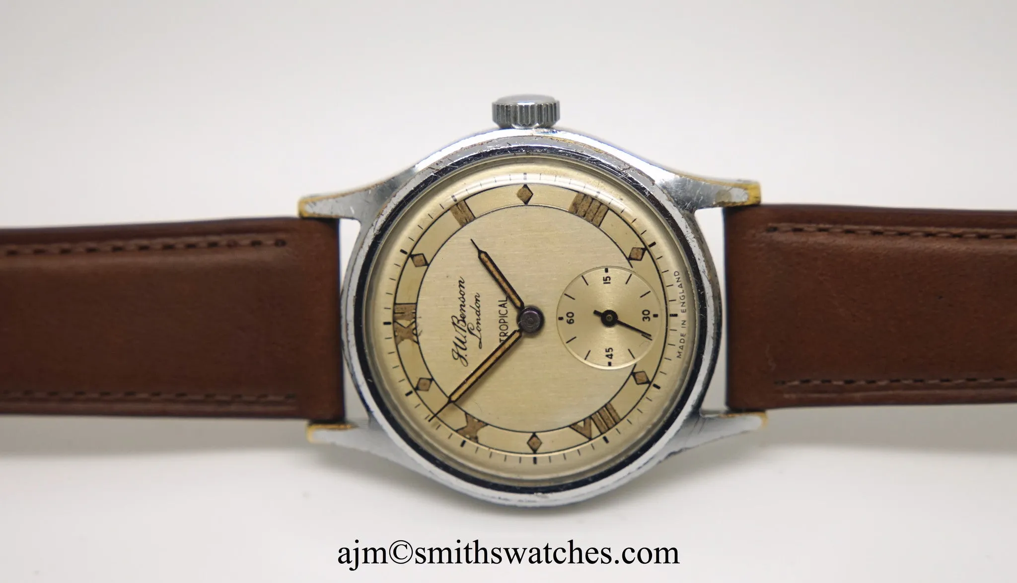 J W BENSON LONDON SMITHS MADE IN ENGLAND ROMAN NUMERAL DIAL DENNISON AQUATITE CASE C 1953