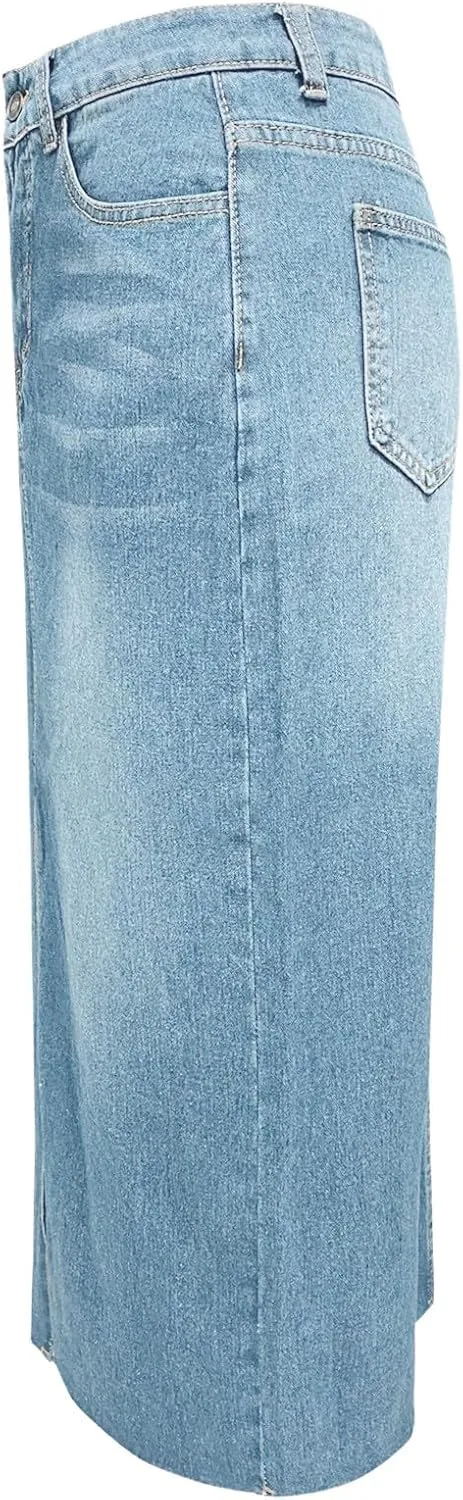 Jean Skirt for Women Denim Skirt with Pockets Mid High Waist Stretchy Bodycon Midi Skirts Long Pencil Skirts for