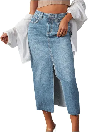 Jean Skirt for Women Denim Skirt with Pockets Mid High Waist Stretchy Bodycon Midi Skirts Long Pencil Skirts for