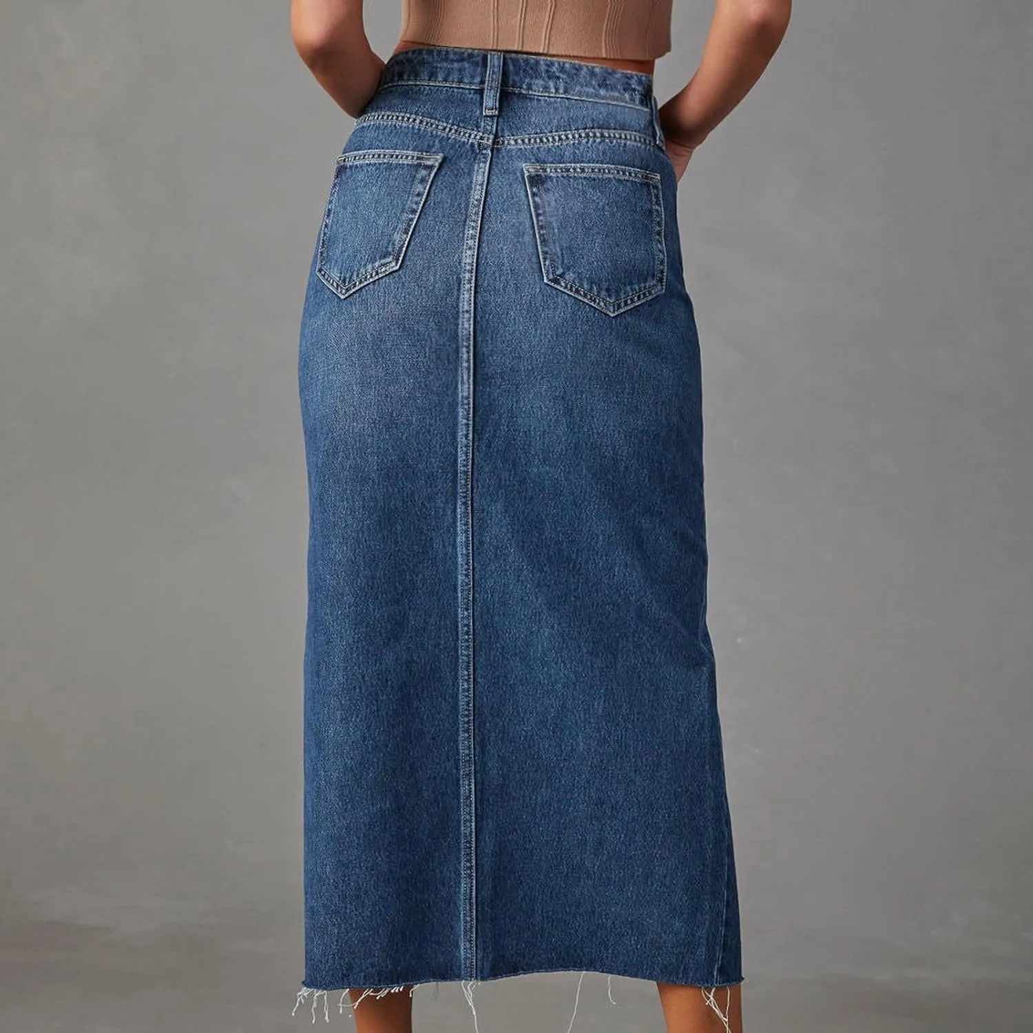 Jean Skirt for Women Denim Skirt with Pockets Mid High Waist Stretchy Bodycon Midi Skirts Long Pencil Skirts for